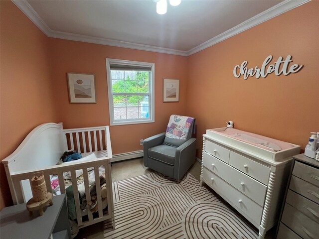 bedroom featuring carpet flooring, ornamental molding, a baseboard radiator, and baseboards