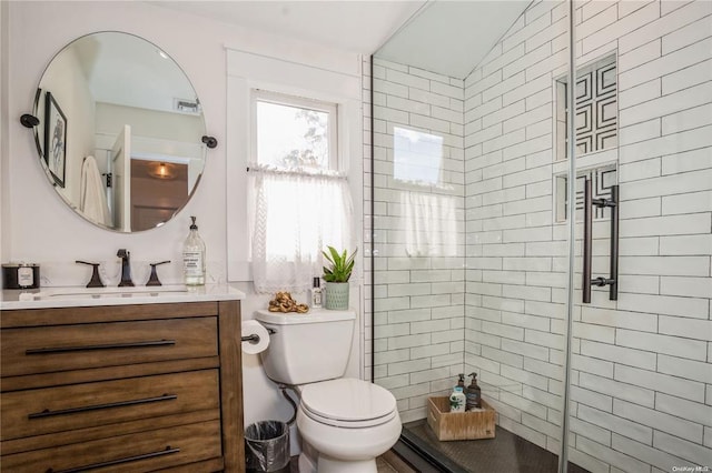 15 Ormond Ave, Selden, NY 11784 - bathroom with a shower stall, toilet, vanity, and lofted ceiling