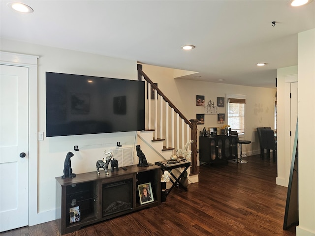 15 Ormond Ave, Selden, NY 11784 - living room featuring wood finished floors, stairway, baseboards, and recessed lighting