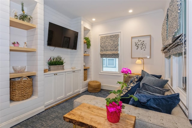 carpeted living area featuring ornamental molding, a baseboard heating unit, recessed lighting, and baseboards