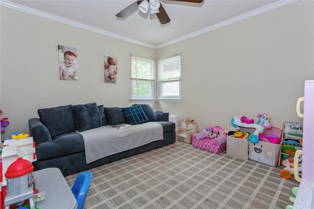 living area featuring ornamental molding and ceiling fan