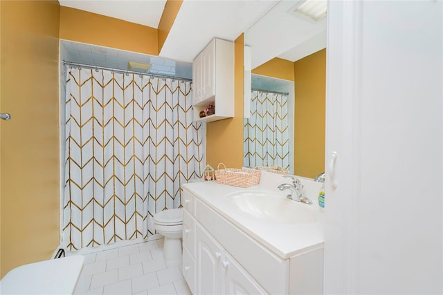 bathroom featuring toilet, tile patterned flooring, vanity, and a shower with curtain
