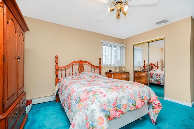bedroom with carpet, a closet, baseboards, a baseboard radiator, and a ceiling fan