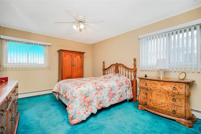 carpeted bedroom featuring baseboard heating and a ceiling fan