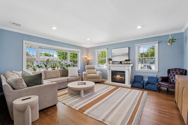 40 Grafton St, Greenlawn, NY 11740 - living area with wood finished floors, radiator heating unit, ornamental molding, a glass covered fireplace, and recessed lighting