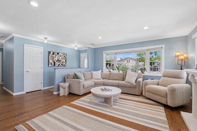 40 Grafton St, Greenlawn, NY 11740 - living room with wood finished floors, ornamental molding, baseboards, and recessed lighting