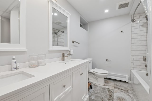 40 Grafton St, Greenlawn, NY 11740 - bathroom featuring a baseboard radiator, toilet, marble finish flooring, double vanity, and shower / tub combination
