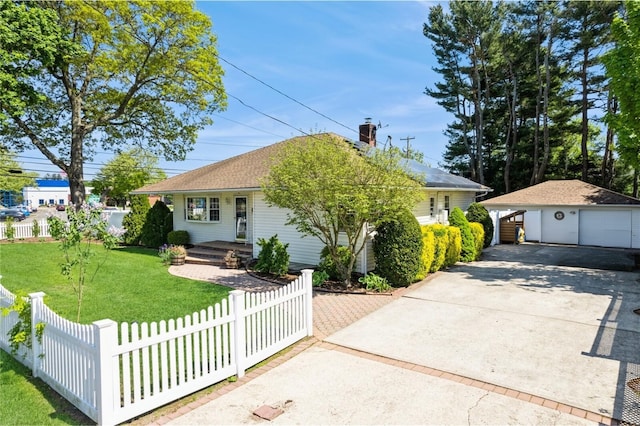 40 Grafton St, Greenlawn, NY 11740 - view of front of property with an outbuilding, driveway, a garage, and a chimney