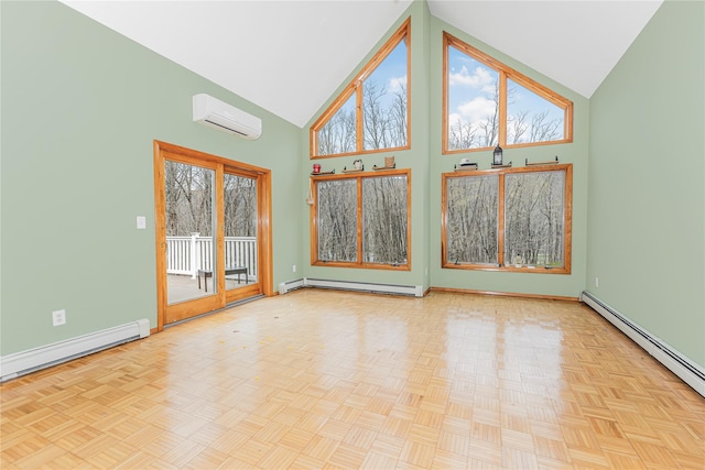 24 Babbling Brook Ln, Cold Spring, NY 10516 - unfurnished living room with a wall unit AC, high vaulted ceiling, a baseboard radiator, baseboard heating, and healthy amount of natural light