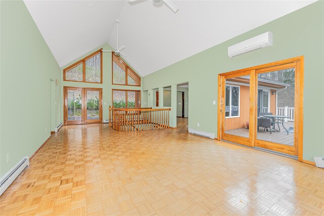 24 Babbling Brook Ln, Cold Spring, NY 10516 - unfurnished living room featuring ceiling fan, high vaulted ceiling, an AC wall unit, a baseboard radiator, and baseboard heating
