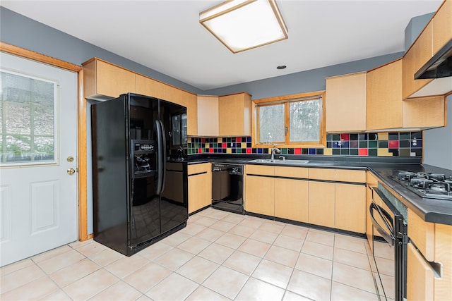 24 Babbling Brook Ln, Cold Spring, NY 10516 - kitchen featuring black appliances, a sink, light brown cabinetry, dark countertops, and tasteful backsplash