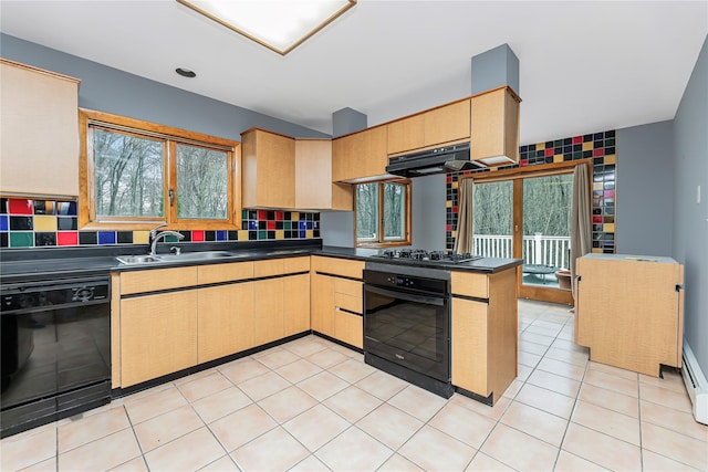 24 Babbling Brook Ln, Cold Spring, NY 10516 - kitchen featuring black appliances, a sink, dark countertops, under cabinet range hood, and backsplash