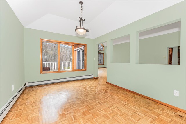 24 Babbling Brook Ln, Cold Spring, NY 10516 - unfurnished room with a baseboard radiator, baseboards, and lofted ceiling