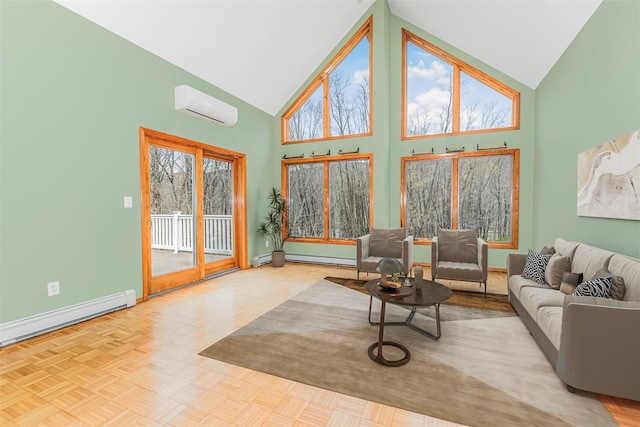 24 Babbling Brook Ln, Cold Spring, NY 10516 - living area with high vaulted ceiling, a wall mounted AC, baseboards, and baseboard heating