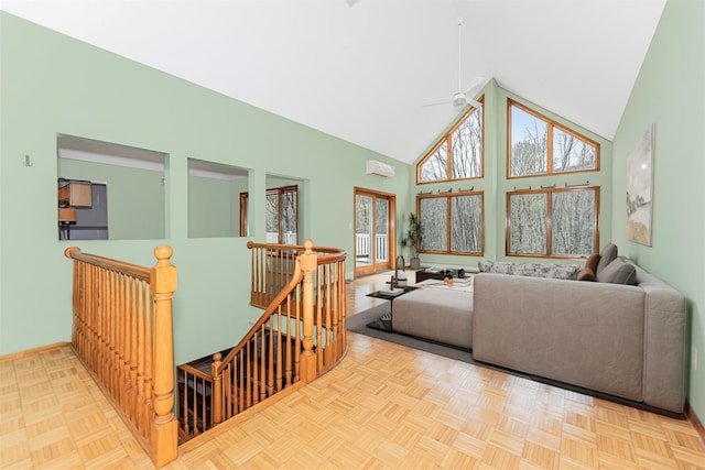 24 Babbling Brook Ln, Cold Spring, NY 10516 - living room featuring high vaulted ceiling, ceiling fan, baseboards, and a wall unit AC