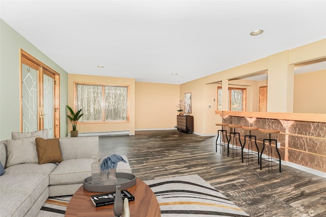24 Babbling Brook Ln, Cold Spring, NY 10516 - living room featuring baseboard heating, wood finished floors, baseboards, and recessed lighting