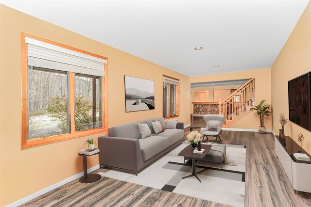 24 Babbling Brook Ln, Cold Spring, NY 10516 - living room featuring stairs, baseboards, wood finished floors, and recessed lighting