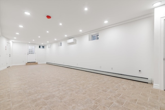 61-13 62nd St, Middle Village, NY 11379 - basement featuring a wall mounted air conditioner, a baseboard heating unit, recessed lighting, and baseboards