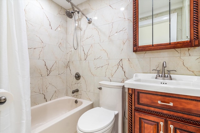 61-13 62nd St, Middle Village, NY 11379 - bathroom featuring shower / bath combination with curtain, tile walls, toilet, vanity, and tasteful backsplash