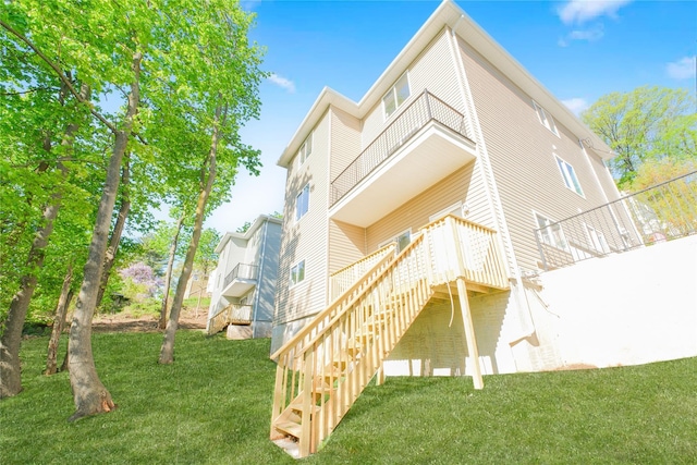 43 Cunard Ave, Staten Island, NY 10304 - rear view of property with stairs, a yard, a balcony, and a wooden deck