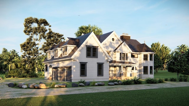 32.1 Orchard Dr, Armonk, NY 10504 - view of front of house with a front yard, an attached garage, and a chimney