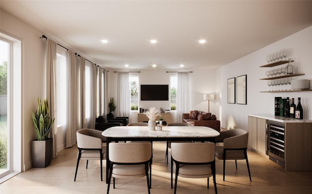 32.1 Orchard Dr, Armonk, NY 10504 - dining room with wine cooler, a bar, recessed lighting, and light wood-style floors