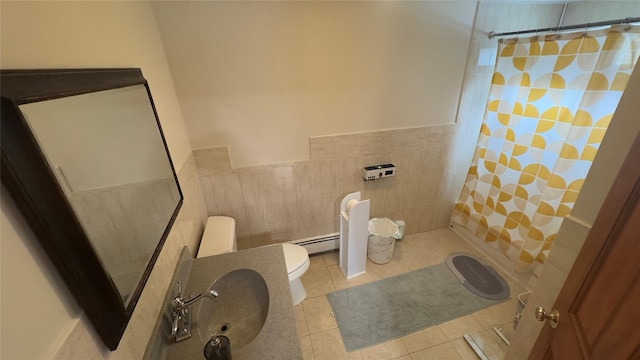 25 Center Ave, Bay Shore, NY 11706 - full bathroom featuring toilet, tile patterned flooring, a sink, a shower with shower curtain, and tile walls