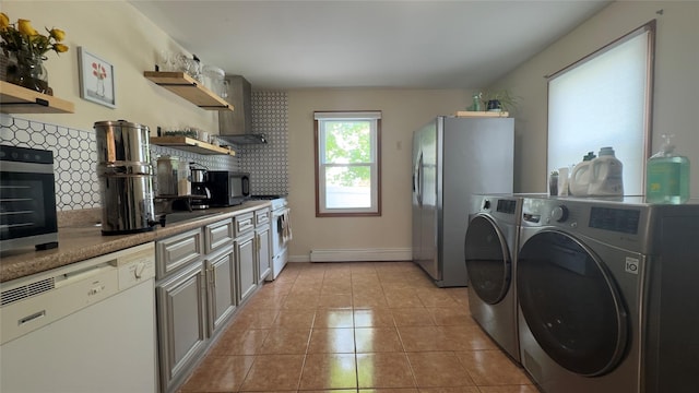 25 Center Ave, Bay Shore, NY 11706 - kitchen with white appliances, open shelves, wall chimney exhaust hood, backsplash, and independent washer and dryer