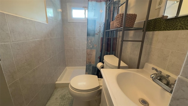 25 Center Ave, Bay Shore, NY 11706 - full bath featuring tile walls, toilet, a tile shower, vanity, and a wainscoted wall
