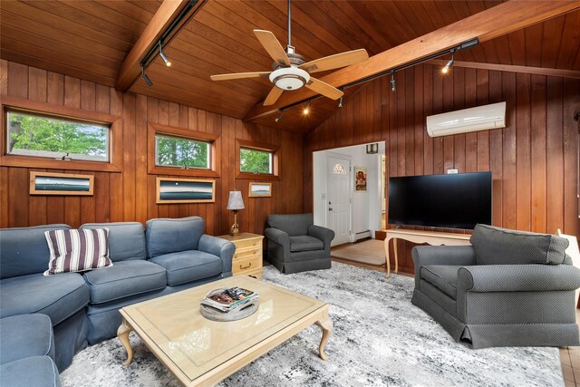 60 Hagerman Ave, East Patchogue, NY 11772 - living room with track lighting, an AC wall unit, wood ceiling, a ceiling fan, and wood walls