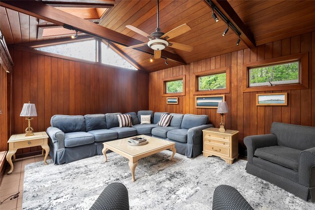 60 Hagerman Ave, East Patchogue, NY 11772 - living area featuring rail lighting, wooden ceiling, healthy amount of natural light, ceiling fan, and wooden walls