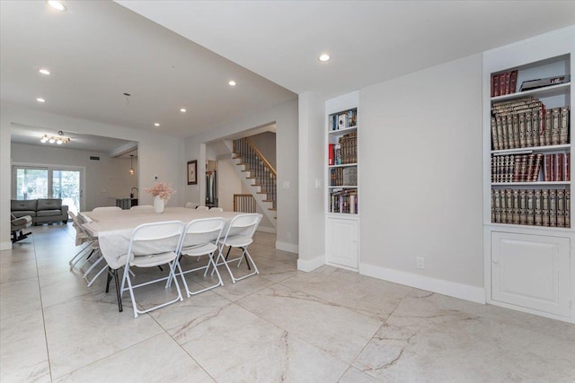 1064 Highland Pl, Woodmere, NY 11598 - dining room featuring stairway, baseboards, built in features, and recessed lighting