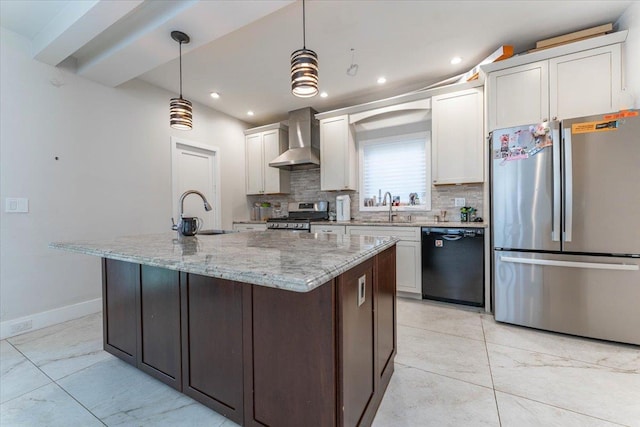 1064 Highland Pl, Woodmere, NY 11598 - kitchen featuring stainless steel appliances, wall chimney range hood, a sink, decorative backsplash, and recessed lighting