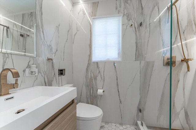 1064 Highland Pl, Woodmere, NY 11598 - full bath featuring tile walls, a marble finish shower, toilet, and vanity