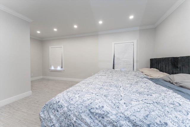 1064 Highland Pl, Woodmere, NY 11598 - bedroom with light colored carpet, recessed lighting, crown molding, and baseboards