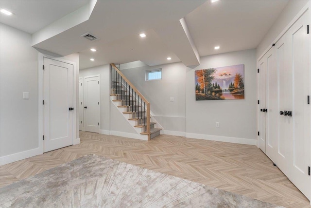 1064 Highland Pl, Woodmere, NY 11598 - basement with stairway, baseboards, and recessed lighting