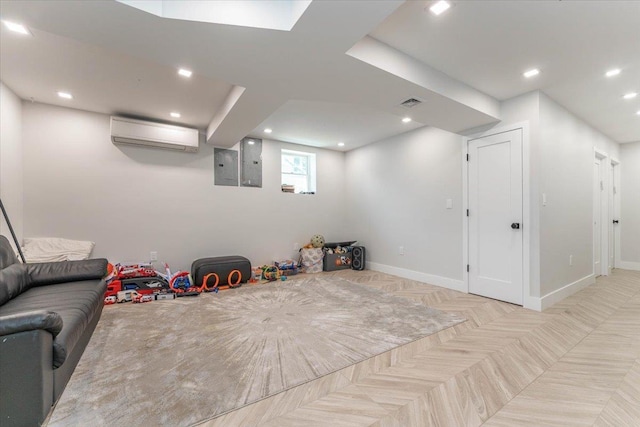 1064 Highland Pl, Woodmere, NY 11598 - recreation room with a wall unit AC, baseboards, electric panel, and recessed lighting