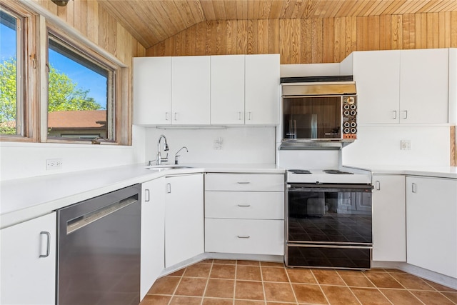 46 Tuthill Point Rd, East Moriches, NY 11940 - kitchen with range with electric cooktop, wooden ceiling, stainless steel dishwasher, vaulted ceiling, and a sink