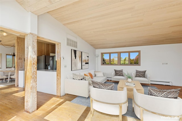 46 Tuthill Point Rd, East Moriches, NY 11940 - living room featuring lofted ceiling, a baseboard heating unit, wood ceiling, and light wood-style floors
