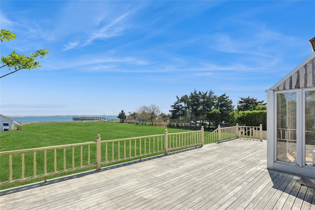 46 Tuthill Point Rd, East Moriches, NY 11940 - deck featuring a water view and a yard