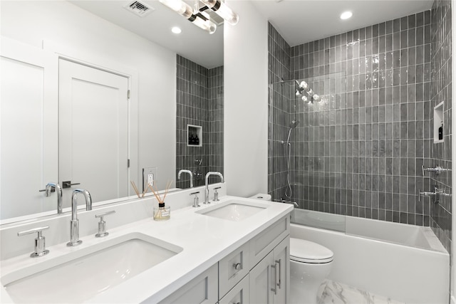 50 Depot Rd, Westhampton Beach, NY 11978 - full bath with recessed lighting, toilet,  shower combination, and double vanity