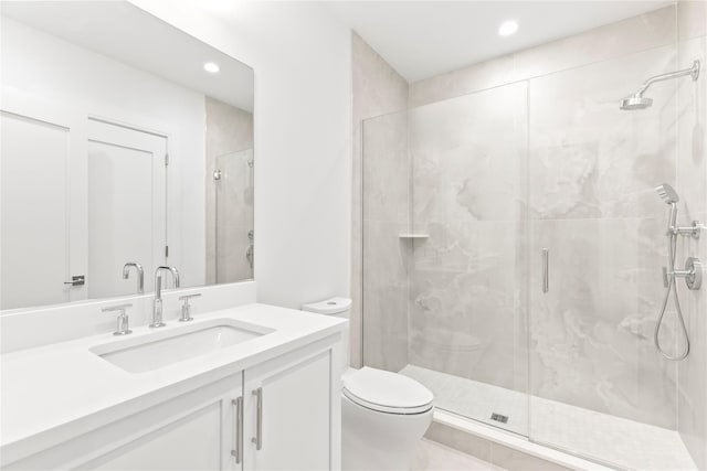 50 Depot Rd, Westhampton Beach, NY 11978 - full bathroom featuring a marble finish shower, toilet, recessed lighting, and vanity