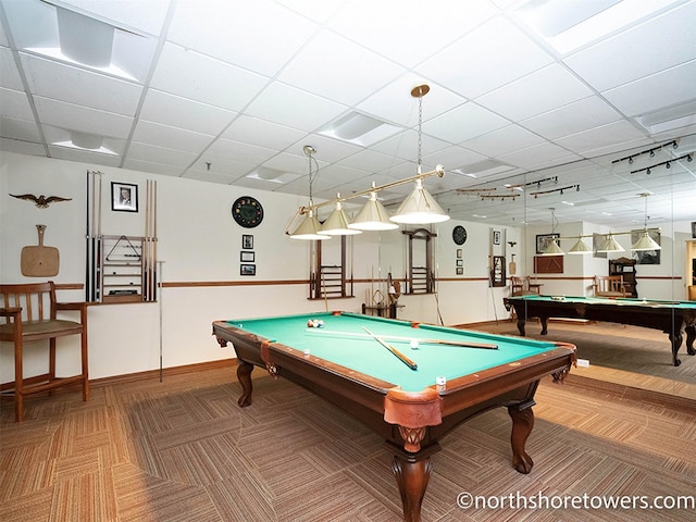 270-10 Grand Central Pkwy Unit 11V, Floral Park, NY 11005 - game room with pool table, carpet flooring, a drop ceiling, baseboards, and rail lighting