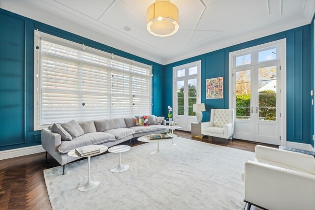 4 Warton Pl, Garden City, NY 11530 - living area with a decorative wall, french doors, and crown molding