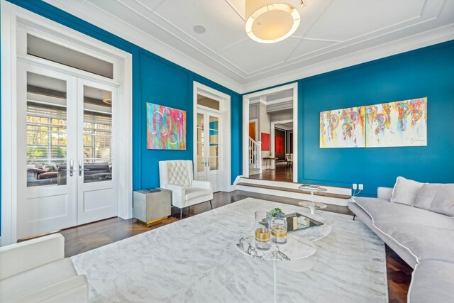 4 Warton Pl, Garden City, NY 11530 - bedroom featuring french doors and ornamental molding