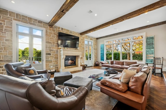 4 Warton Pl, Garden City, NY 11530 - living area featuring plenty of natural light, beam ceiling, a fireplace, and recessed lighting