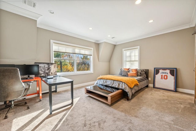 4 Warton Pl, Garden City, NY 11530 - carpeted bedroom with ornamental molding, a desk, baseboards, and recessed lighting