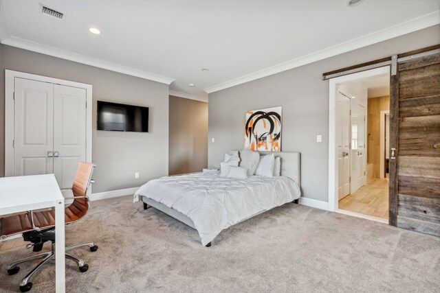 4 Warton Pl, Garden City, NY 11530 - bedroom featuring crown molding, carpet floors, baseboards, a desk, and a barn door