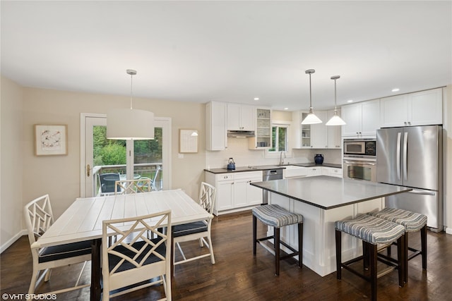 475 Lilac Ln, Cutchogue, NY 11935 - kitchen featuring stainless steel appliances, plenty of natural light, a kitchen breakfast bar, under cabinet range hood, and recessed lighting