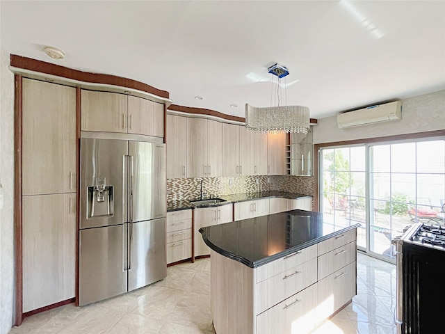 15204 79th Ave, Kew Garden Hills, NY 11367 - kitchen featuring stainless steel refrigerator with ice dispenser, a wall unit AC, range with gas stovetop, backsplash, and a sink